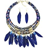 CETVLY Tribal Choker Necklace and Feather Earrings Set for Women,Boho Chunky Layered Bib Necklace African Ethnic Necklace,Woven Layering Collar Necklace Cleopatra Costumes Statement Fashion Jewelry