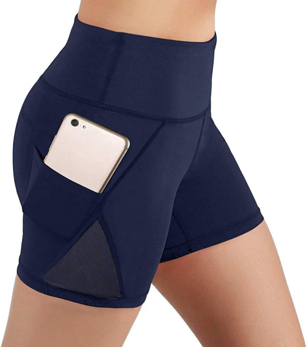 Liangxing Women Yoga Shorts Side Pockets 4" 8" High Waist Workout Athletic Mesh Shorts