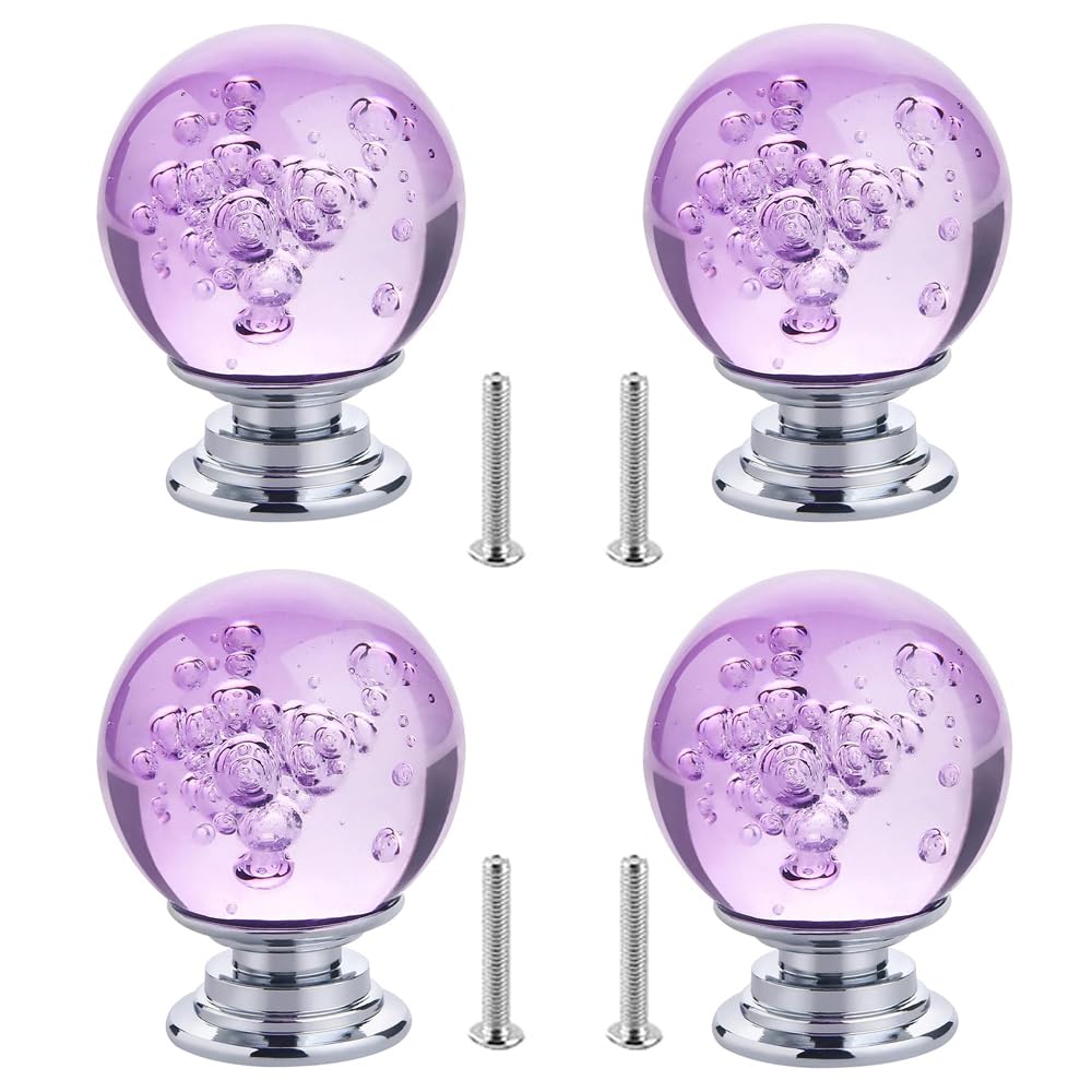 yufana 4 Pack Clear Crystal Glass Drawer Knobs, Glass Knob, Dresser Handle, Drawer Handle, Zinc Alloy Glass Ball Handle, Wardrobe Single Hole Handle for Furniture (Purple)