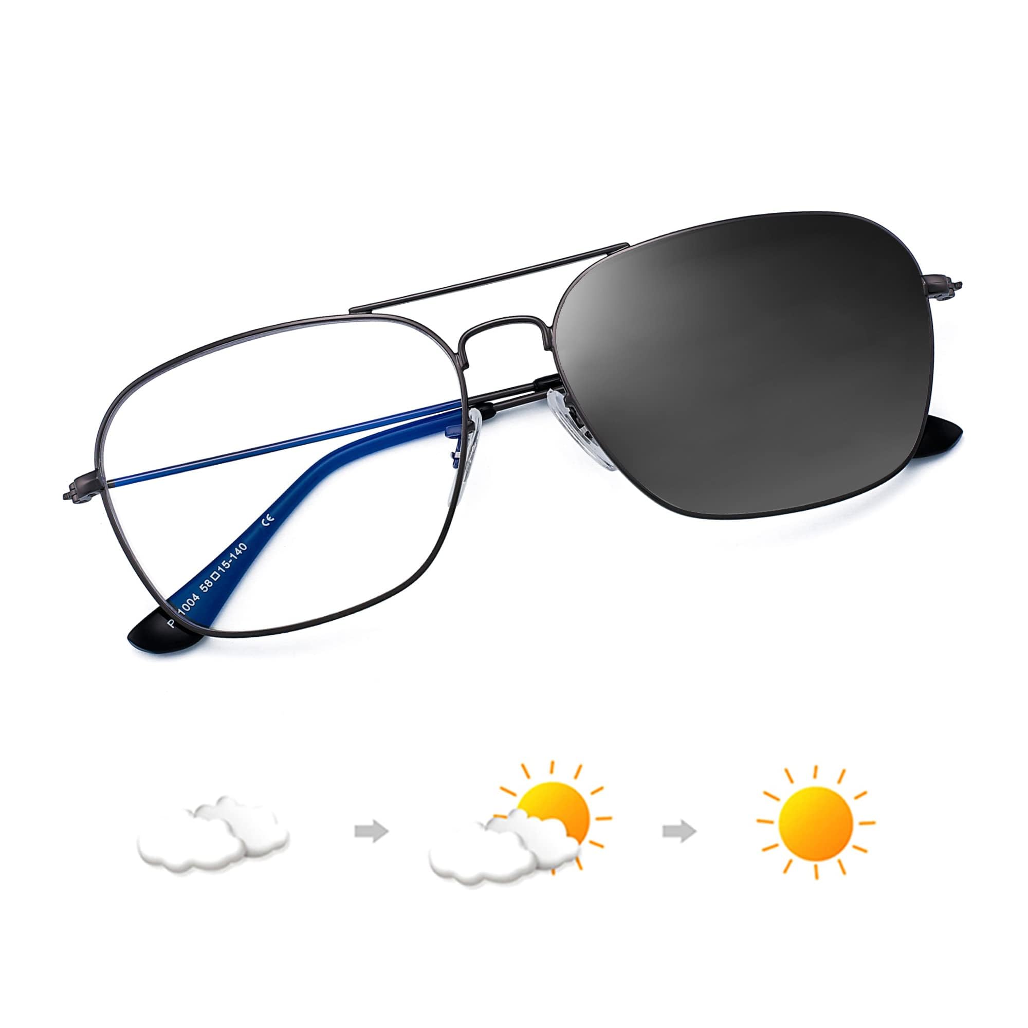 JM Pilot Photochromic Blue Light Blocking Computer Glasses, Square Eye Protect Video Eyeglasses Anti Glare Men Women Gunmetal