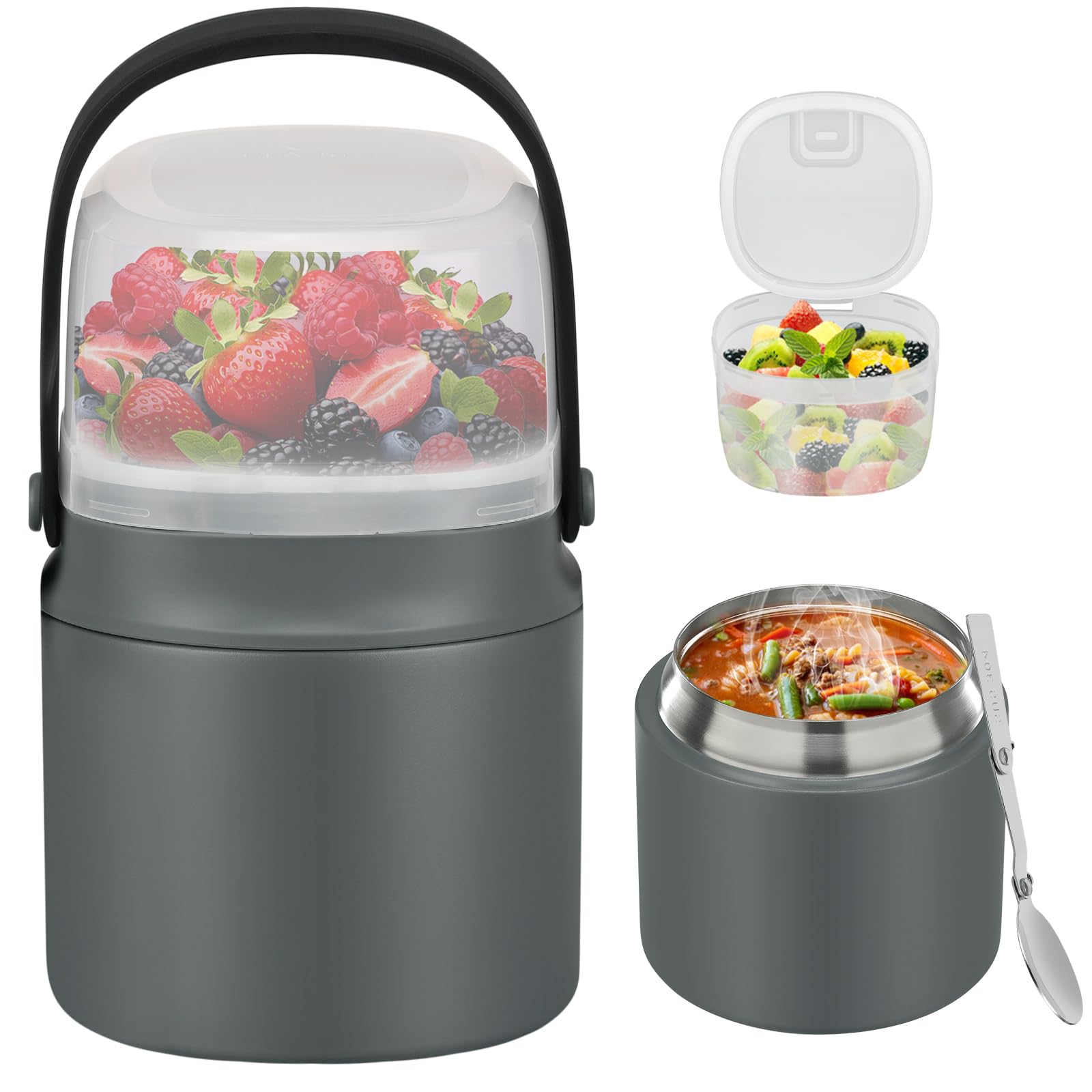 Photo 1 of 2 - in - 1 Soup Thermo for Hot Food 14oz with Snack Box Container Leak Proof Insulated Lunch Container Kids and Adults Stainless Steel Double Wall Vacuum Wide-mouth Thermal with Spoon and Handle