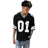 OYOANGLE Men's Number Graphic Print Jersey Shirts Color Block V Neck Short Sleeve Oversized Tee Shirt