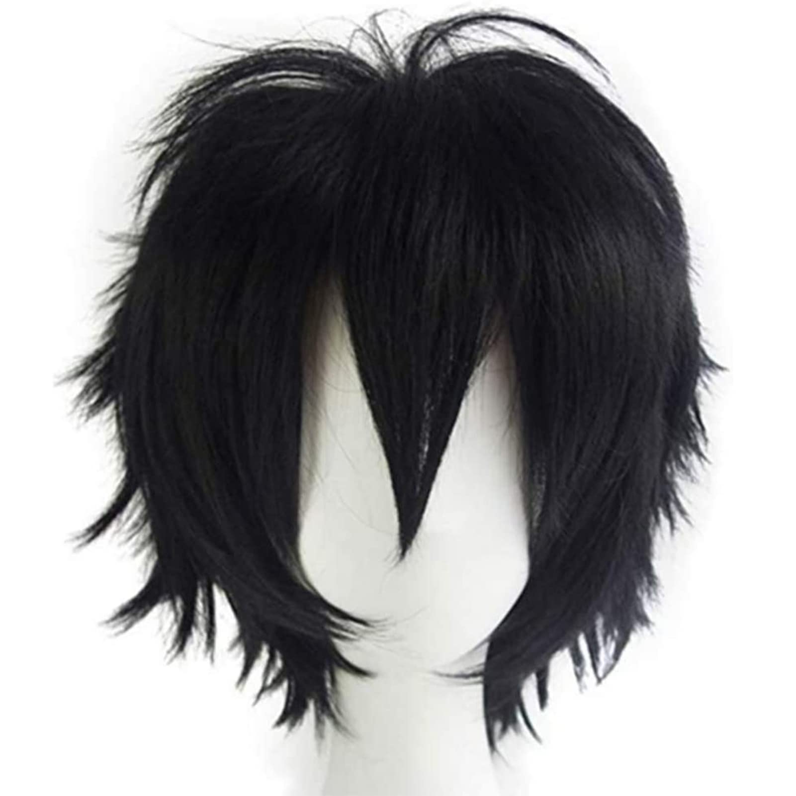 Cybelleza Anime Cosplay Wig - Short Black Synthetic Curly Straight Layered Fluffy Halloween Costume Party Carnival Wig with Free Cap