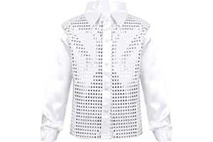 renvena Kids Boys Choir Jazz Dance Performance Glittery Sequined Long Sleeve Spread Collar Shirt
