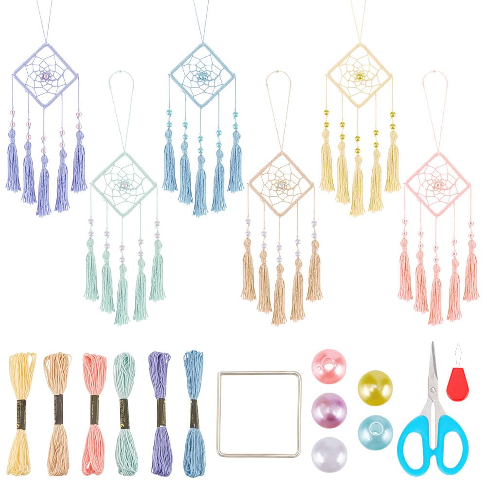INFUNLY 6 Sets Dream Catcher Kit Car Charm Ornament Square Circle Mini Dream Catcher Set DIY Dream Catcher Making Kit Make Your Own Dream Catcher Car Interior Rearview Mirror Hanging Decor Bag Charm — image 1