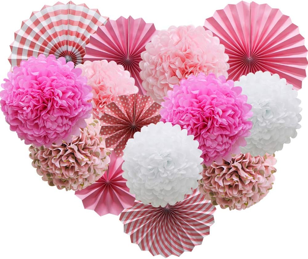Pink Hanging Paper Party Decorations, Round Paper Fans Pom Poms Flowers Set for Valentine's Day Birthday Wedding Baby Shower Events Accessories