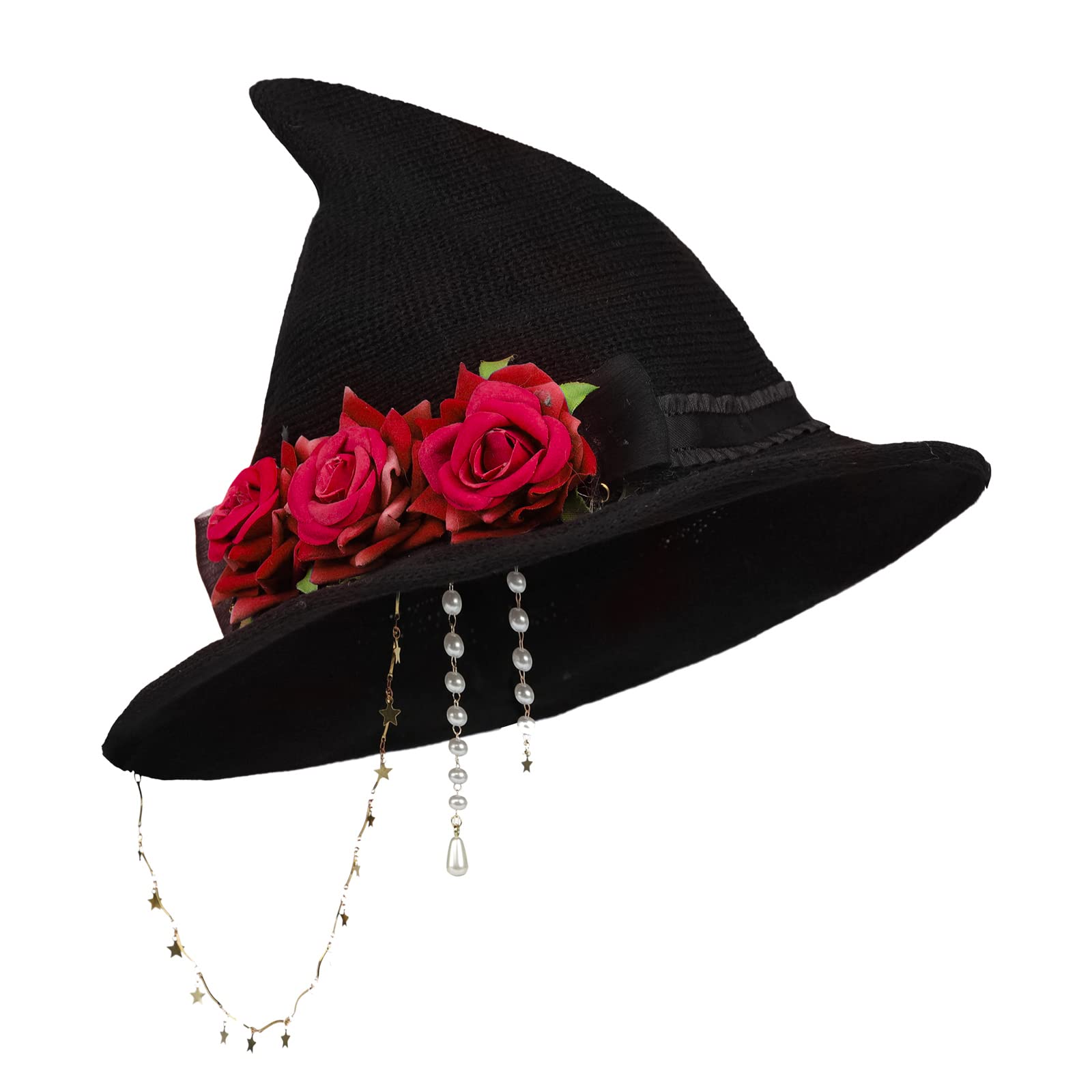 HKSICHENGKEJIUK Halloween Witch Hat With Rose Bow - Women Pointed Wide Brim Costume Accessory - Gothic Knitted Cap Headwear for Carnival Cosplay Party Fancy Dress