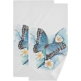 KENADVI Butterfly Hand Towels Set of 2 Soft Watercolor Blue Butterfly on Blossom Plum Branch Chic Floral Bath Fingertip Towels Decorative Hand Towels for Bathroom Guest Face Kitchen Towels 14"x28"
