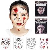 Halloween Temporary Scar Blood tattoos 4 Sheet Face Tattoos Kit :Skeleton Day of the Dead Temporary 2 Sheet Halloween Prom Spider, Blood, Scar, Bat Costume Tattoos 2 Sheet for Men or Women