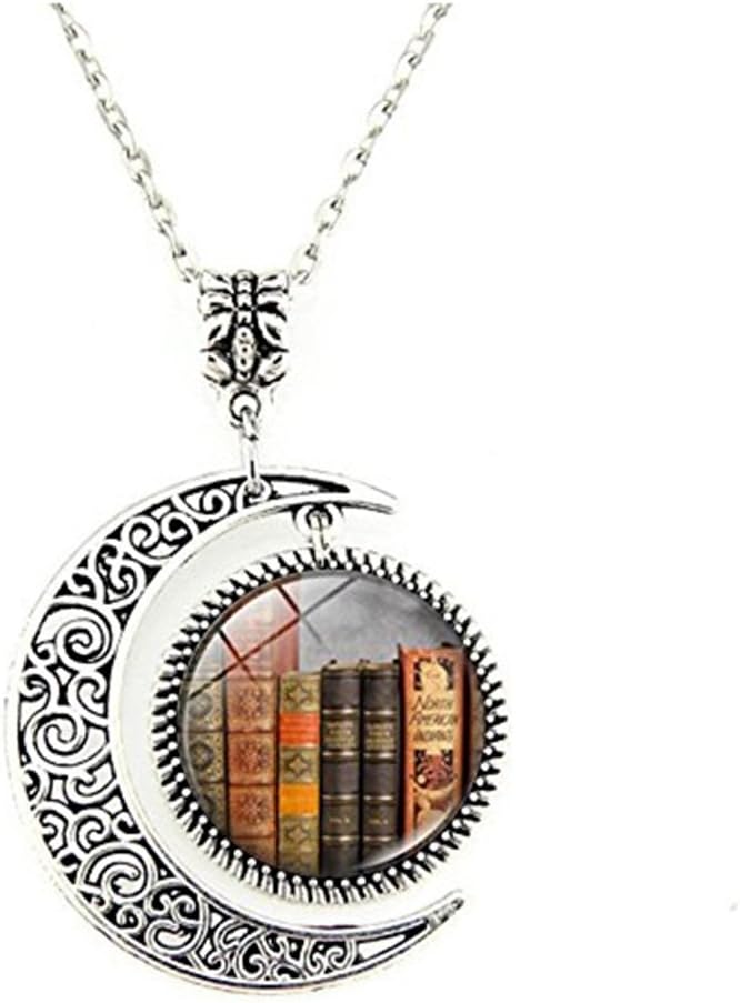 DIY Moon Necklace Fashion Vintage Library and Books Pendant Necklace Book Lover Pendant Books Jewelry