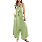 Happy Sailed Women's Jumpsuits Loose Overalls Summer Sleeveless Ruched V Neck Flared Wide Leg Pants Rompers with Pockets