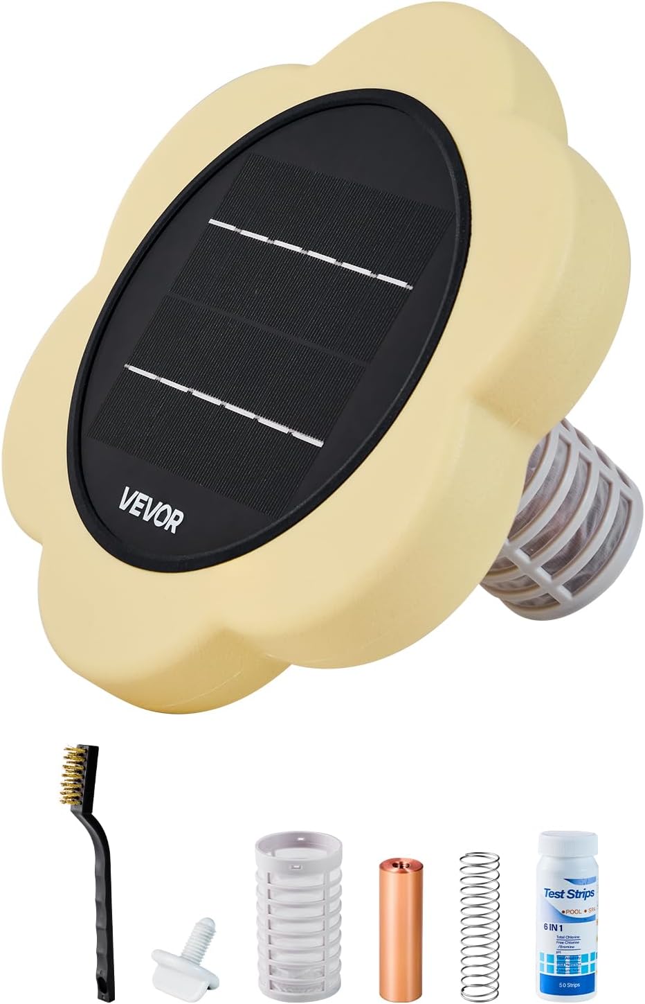 VEVOR Solar Pool Ionizer, Petal Copper Pool Ionizer Up to 45000 Gal, Floating Automatic Water Cleaner and Purifier, Chlorine Free Water, with Copper Anode, Spring, Brush and Filter for Pools & Spas