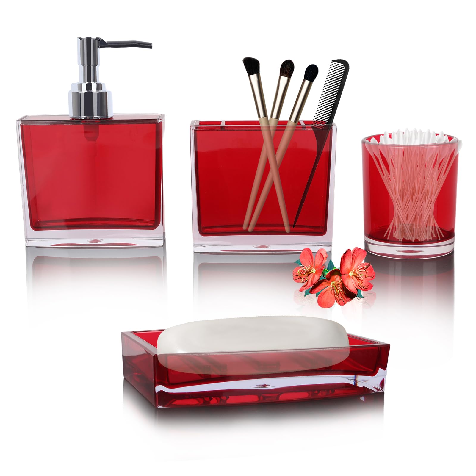 Photo 1 of Bathroom Accessories Set Complete, 4 Piece Premium Acrylic Bathroom Accessory Set,Hand Sanitizer Bottle Lotion Can Bathroom Suit Separate Bottle Soap Box Mouthwash Cup Toothbrush Cup (Model 1-Red)