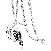 VASSAGO Viking Raven Necklace for Women Men Stainless Steel Crescent Moon Necklace Odin Raven Pendant Amulet Jewelry Gift
