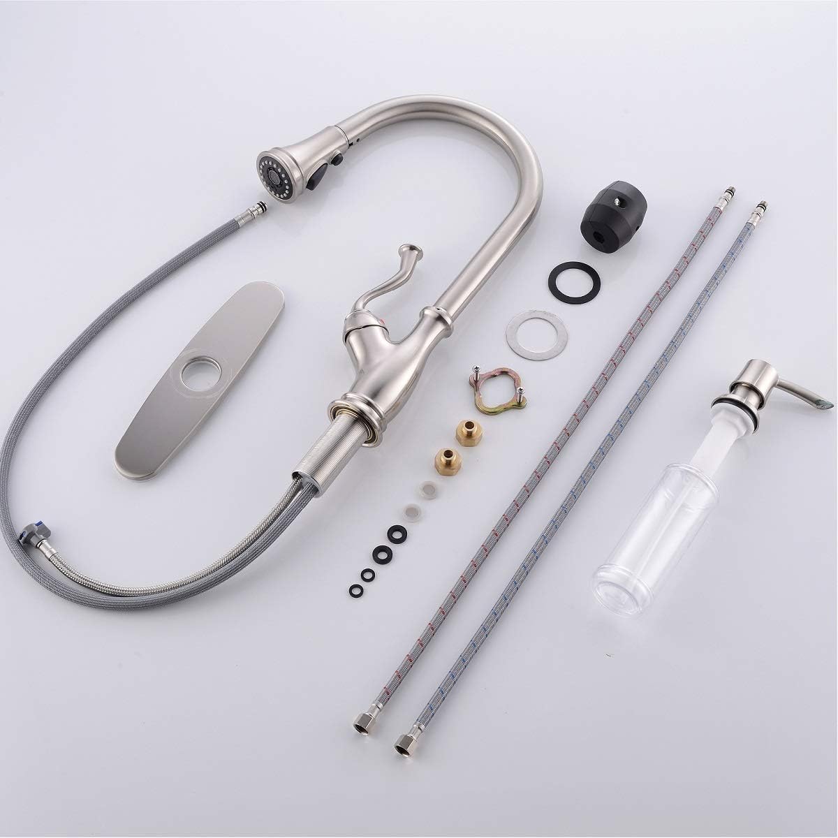 APPASO Pull Down Kitchen Faucet with Magnetic Docking Sprayer Brushed Nickel - Single Handle 1 Hole High Arc Pull Out Kitchen Sink Faucets with Soap Dispenser, 175BN - - 