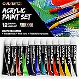 Acrylic Paint Set - Quality Acrylic Paints - Best For Painting Canvas, Wood, Fabric, Clay, Ceramics, Nail Art & Crafts 12 x 12ml tubes of Rich Vibrant Colors - Smooth Consistency & Satin Finish