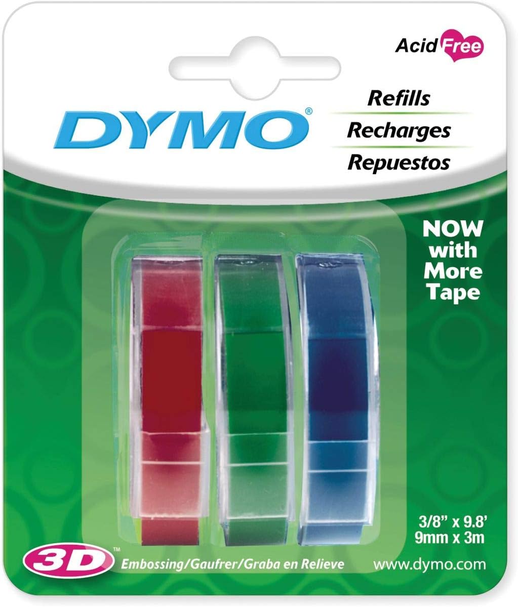 DYMO Labeller Tape, Glossy Vinyl Embossing Tape 3/8" x 9.8', Box of 3