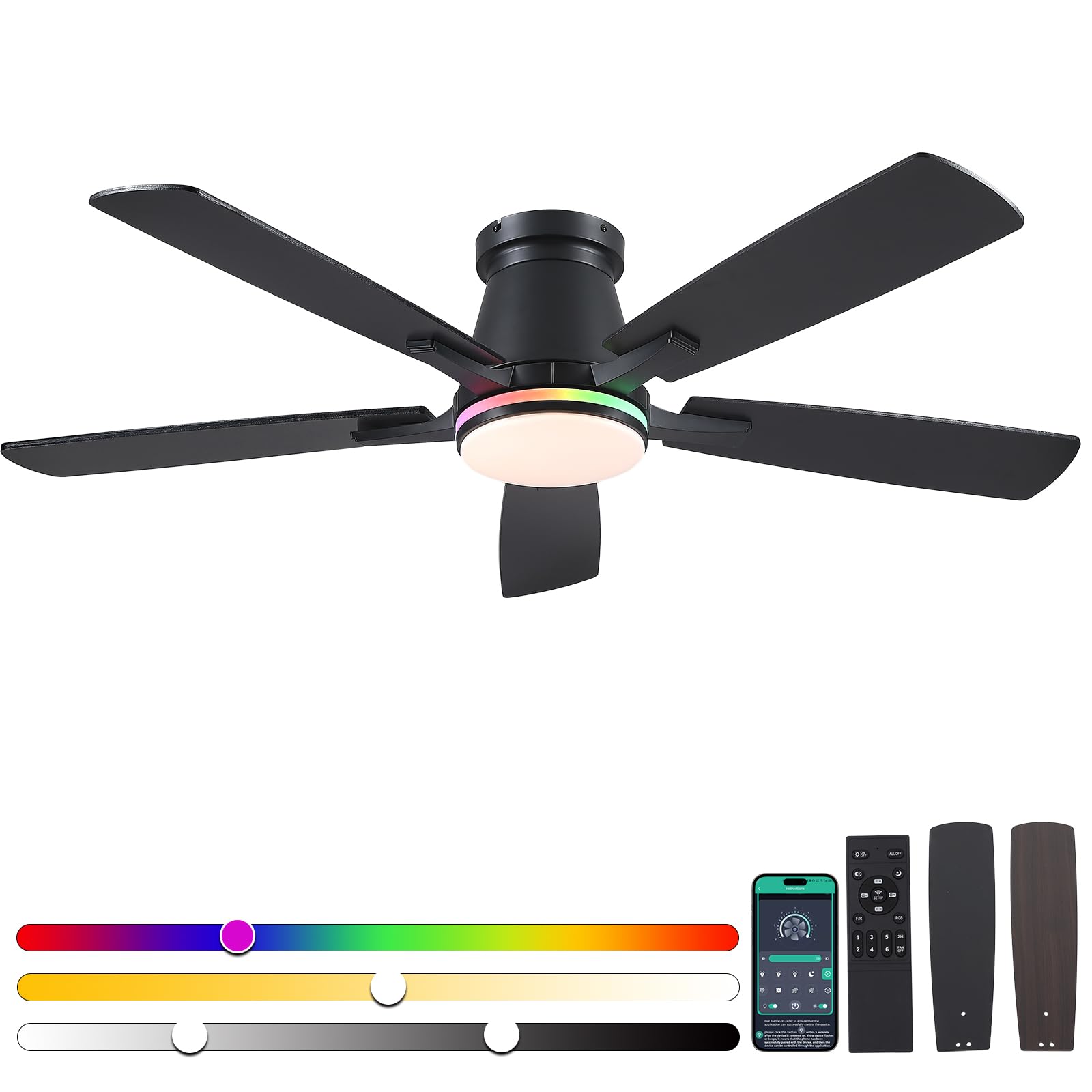 Photo 1 of Surtime 52" Ceiling Fans with RGB Lights-Low Profile Ceiling Fan with Light and Remote/APP Control,Flush Mount,DC Reversible,LED Dimmable Black Ceiling Fans for Bedroom,Indoor/Outdoor Patio Use