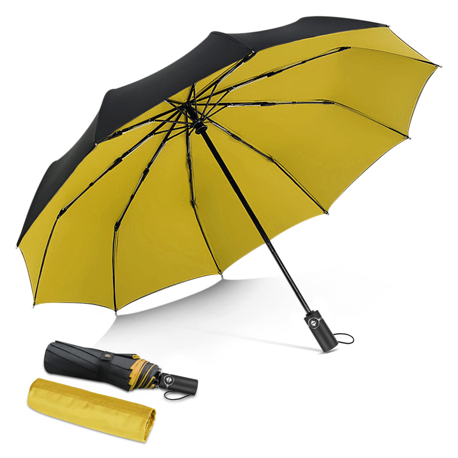 DORRISO Automatic Folding Umbrella Women Men Strongest Windproof Travel Portable Compact Business Golf Sun Umbrella Slip-Proof Handle Ladies Umbrella Fits Car & Backpack Yellow