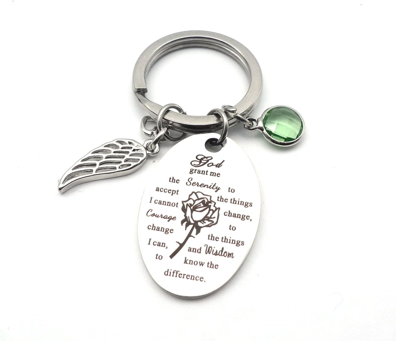 God Grant Me The Serenity to Accept The Bible Verse Prayer Keychain with Free Chain Christian Jewelry Stainless Steel Praying Rose Diamond Pendant Key Ring