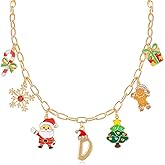 NEKOL Christmas Initial Letter-D Charm Necklace for Women, Candy Canes Snowflakes Santa Claus Christmas Tree Gingerbread Man Gift Box Colorful Holiday Charms