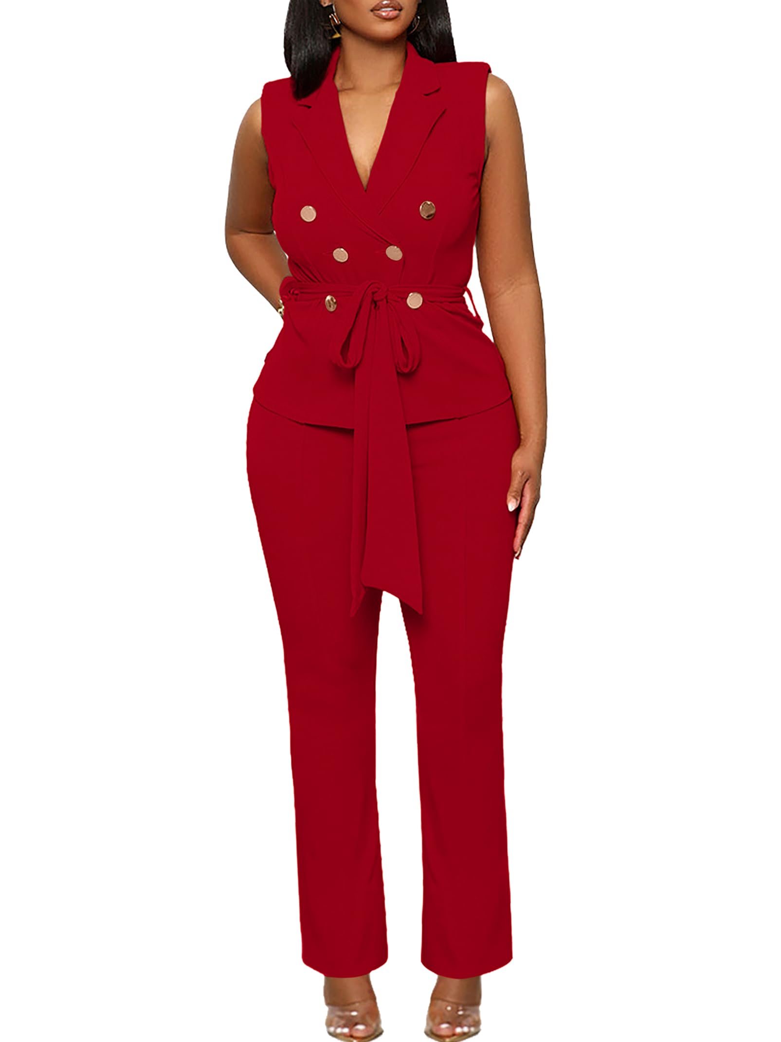 Photo 1 of Ophestin Blazer Pants Suits for Women Dressy Sleeveless Vest with Belt Wide Leg Pants 2 Piece Outfits Business Set Casual Suiting Wine Red XXL