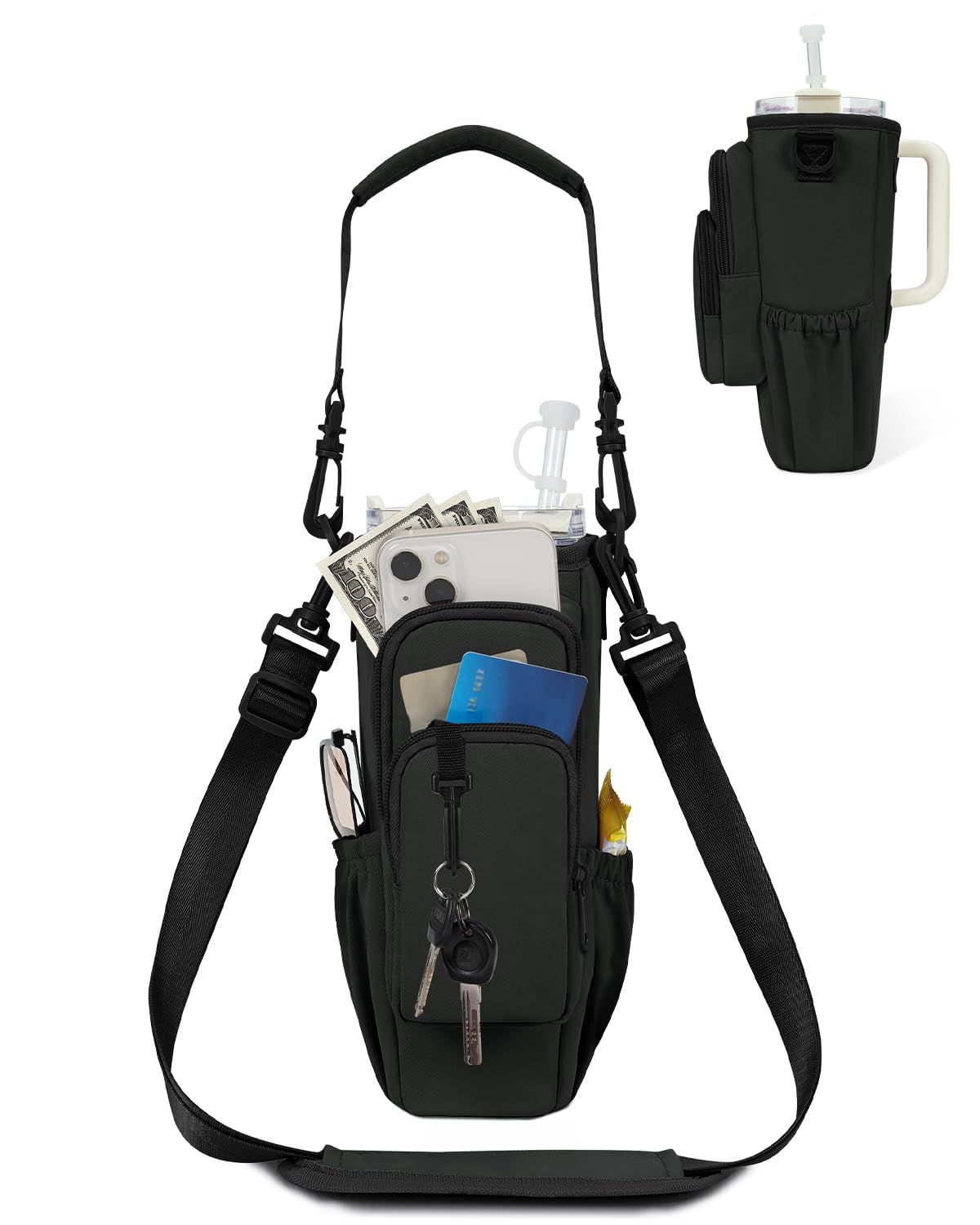 sportsnew 40oz Water Bottle Carrier Bag, Insulated Tumbler Holder with Phone Pocket & Adjustable Strap, Compatible with Stanley Cup, Leak-Resistant Bottle Pouch with Straw Cover