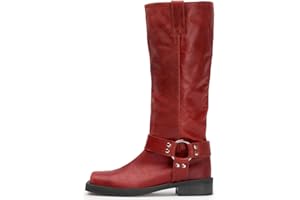 FIFSY Women's Knee High Boots Slip On Riding Boots Buckle Boots for Women Sexy Squared Toe Low Chunky High Heel Tall Motorcycle Boots Women's Low Heel 1-2" Boots Dance Party Booties