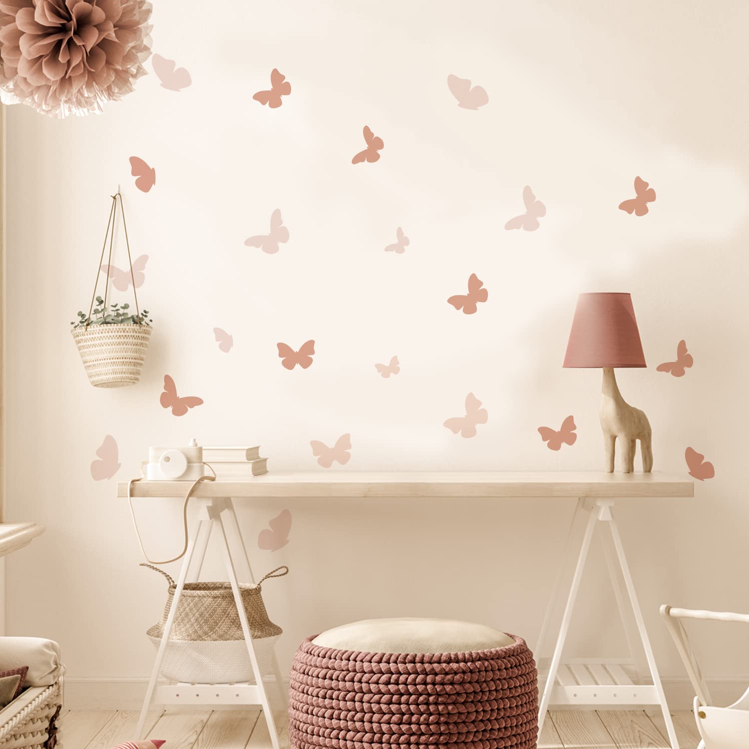 48Pcs Pink Butterfly Boho Art Wall Decals, Peel and Stick Wall Stickers for Living Nursery Room Bedroom Wall Decor