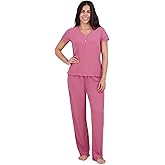 Aerosoles Women's Ribbed Henley Cozy Pjs 2 Piece Cozy Comfy Lounge Soft Cotton Sleepwear Button-up Pajama Set, Heather Rose, Medium