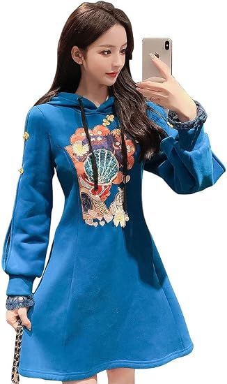 Amazon ファッション 春秋 パーカー ドレス 重ね着風 パーカーワンピース 中国風 刺繍 チャイナドレス 漢服 ユニック デザイン コーデ ワンピース チュニック 通販