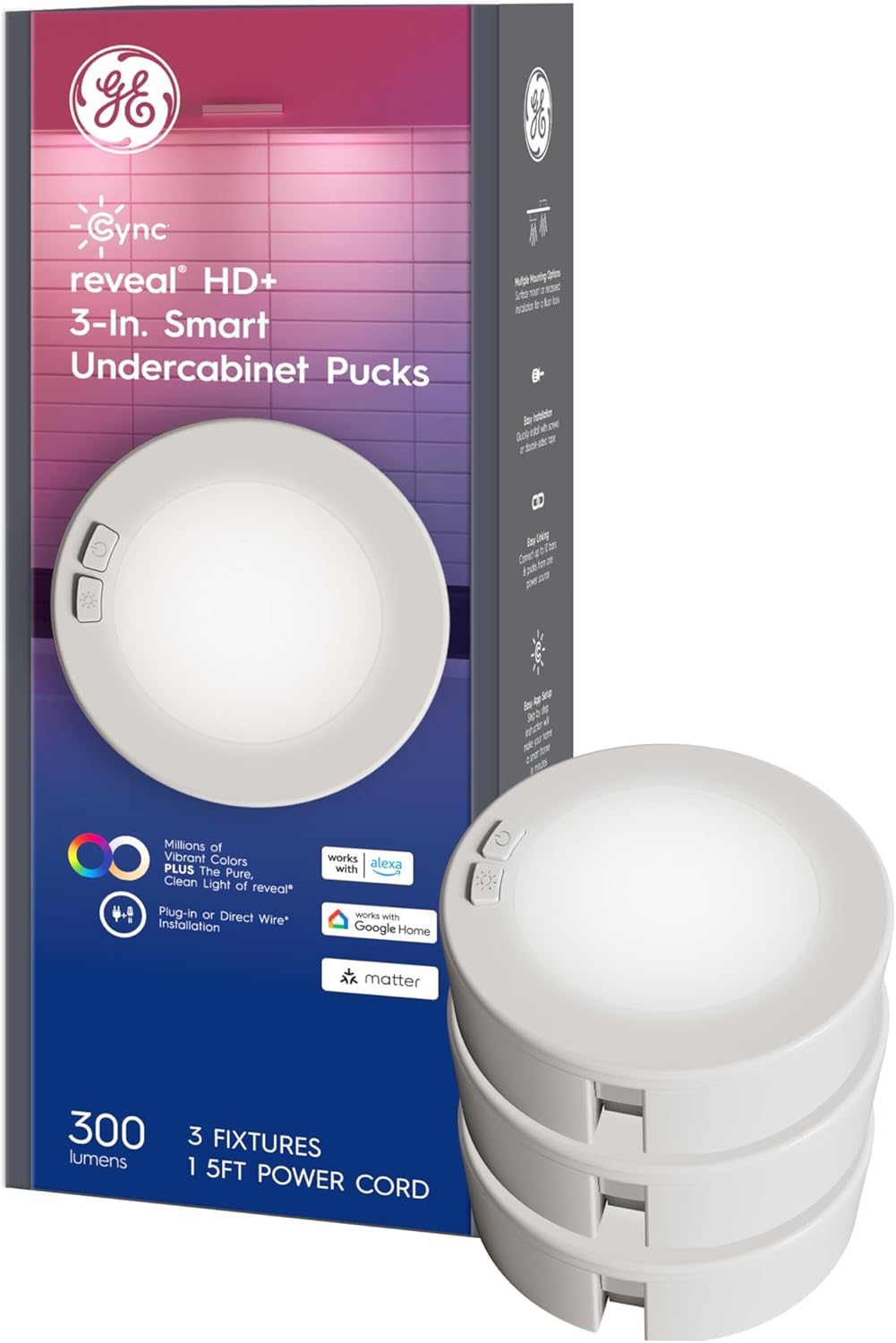 Photo 1 of GE Cync Reveal HD+ Smart Undercabinet Puck Light Fixtures, Color Changing Undercab Puck Lights, Smart Wi-Fi Kitchen Lights, Works with Alexa and Google Home, 3-in (3 Pack)