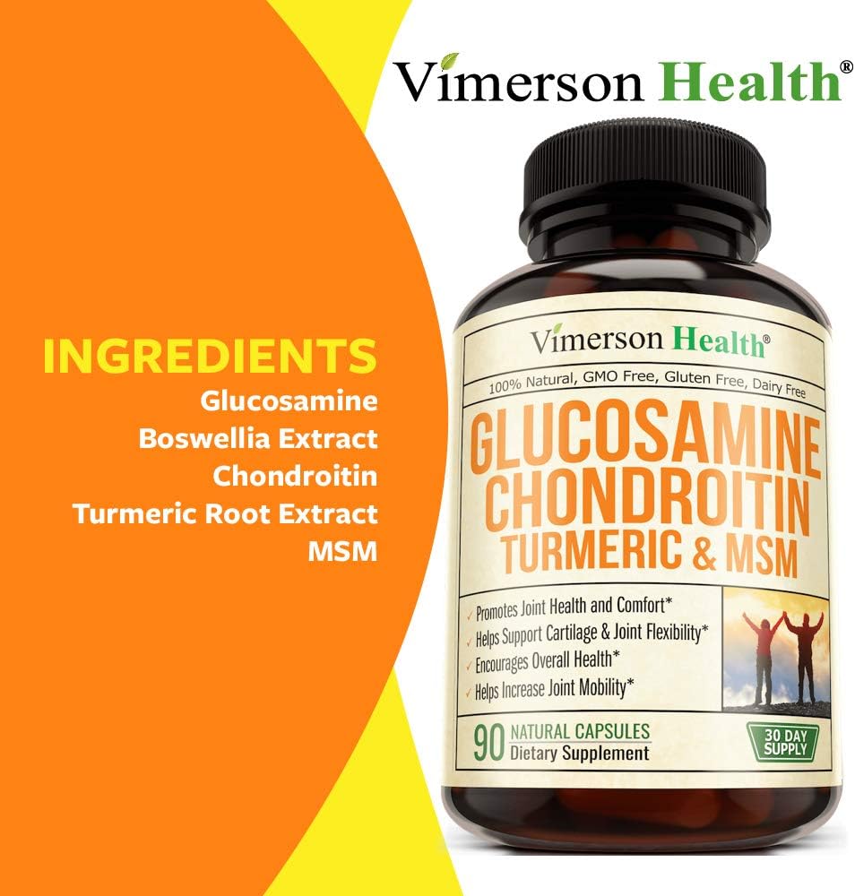 Glucosamine with Chondroitin Turmeric MSM Boswellia. Supports Occasional Joint Pain Relief. Helps Inflammatory Response, Antioxidant Properties. Supplement for Back, Knees, Hands. 90 Capsules: Health & Personal Care