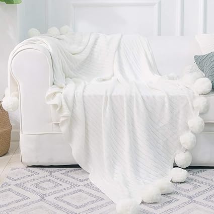 Amazon Com Dokot Knitted Throw Blanket With Pom Poms Cotton For