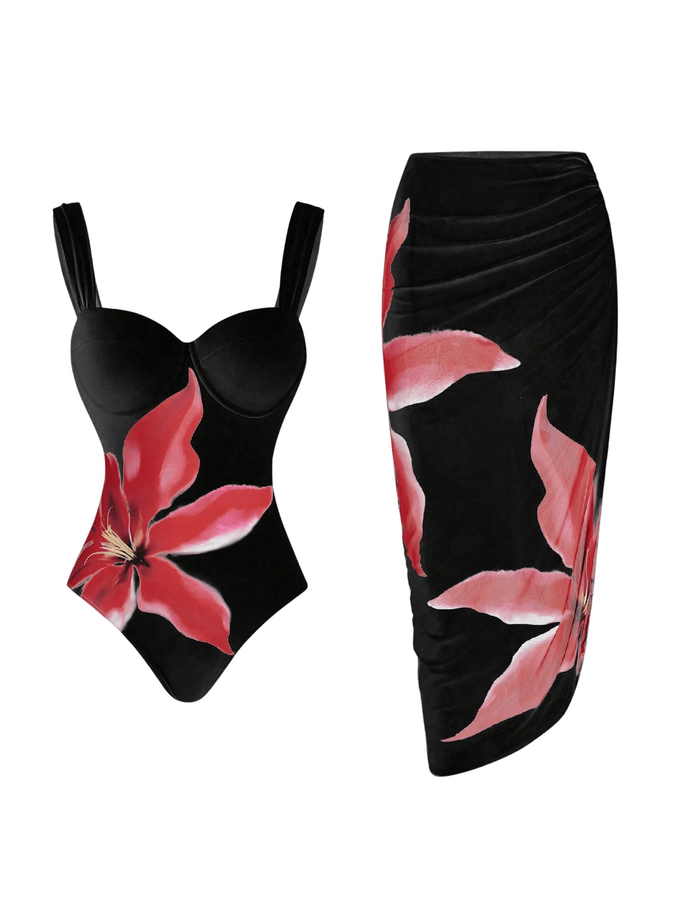 Photo 1 of SweatyRocks Women's Floral Print One Piece Control Swimsuit Monokini with Cover Up Beach Skirts Swimwear Black Large