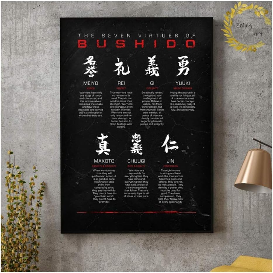 Amazon Com Japanese Kanji Samurai Black And White Bushido Code Black And White Canvas Art Print Wall Pictures For Living Room 60x80cm No Frame Posters Prints