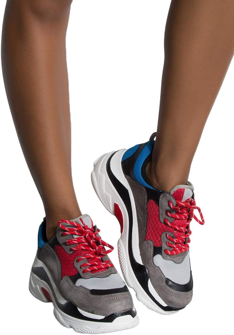 AKIRA Women's Red Blue Colorblock Chunky Retro Dad Sneaker Shoe Trainers