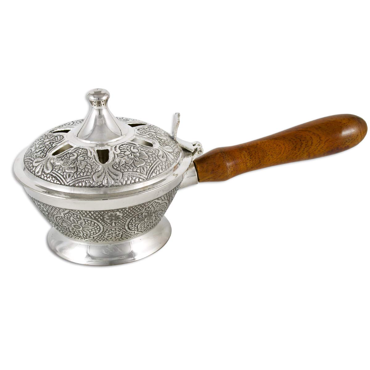 NKLaus incense burner with handle wood real brass nickel plated Ø 10cm incense burner 2188