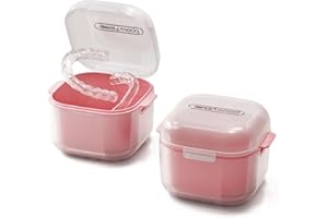 HyJeryty Pink Denture Cup Denture Case, Retainer Cleaner Case, Pretty Night Mouth Guard Holder Box, Storage Soak Container with Drain Basket for Home Travel Cleaning