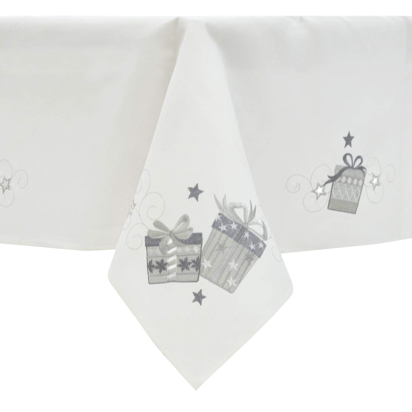 Mr Crimbo Christmas Tablecloth White Polyester Fabric Silver Embroidered Presents - 52 x 70