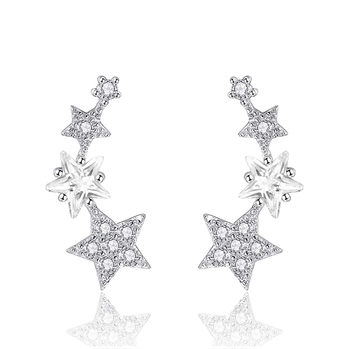 QUKE 925 Sterling Silver Star Shape Clear CZ Crystal Climber Ear Vine Earring For Girls Woman
