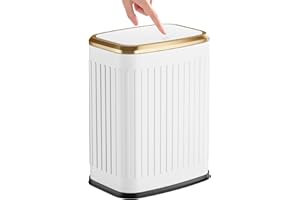 TIPGO Bathroom Trash Can with Lid, 2.1 Gallon / 8 Liter Small Garbage Can, Press Top Bin, Stainless Steel Wastebasket with Pop-Up Lid for Bedroom, Living Room, Office (White)