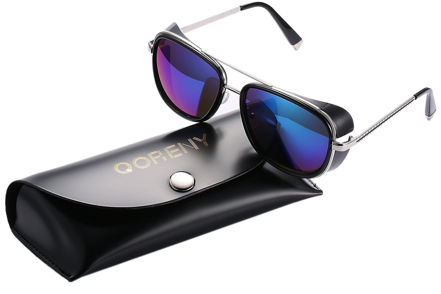 QORENY Unisex Cover Side Shield Square Sunglasses (Gold Frame and Green