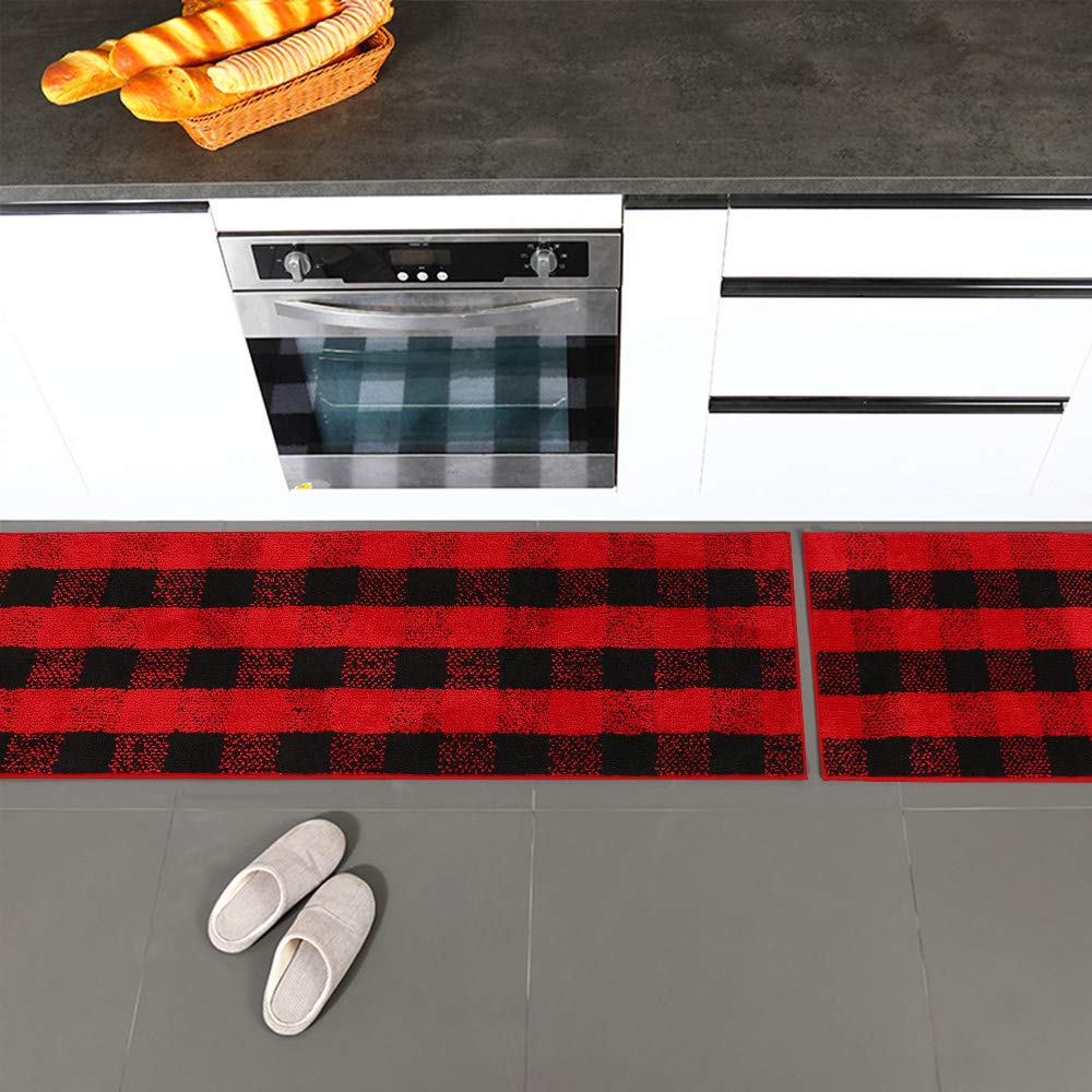 Carvapet 2 Pieces Buffalo Plaid Check Rug Set Water Absorb Microfiber Non-Slip Kitchen Rug Bathroom Mat Checkered Doormat Carpet for Laundry (17"x48"+17"x24", Black&Red) - Image 2