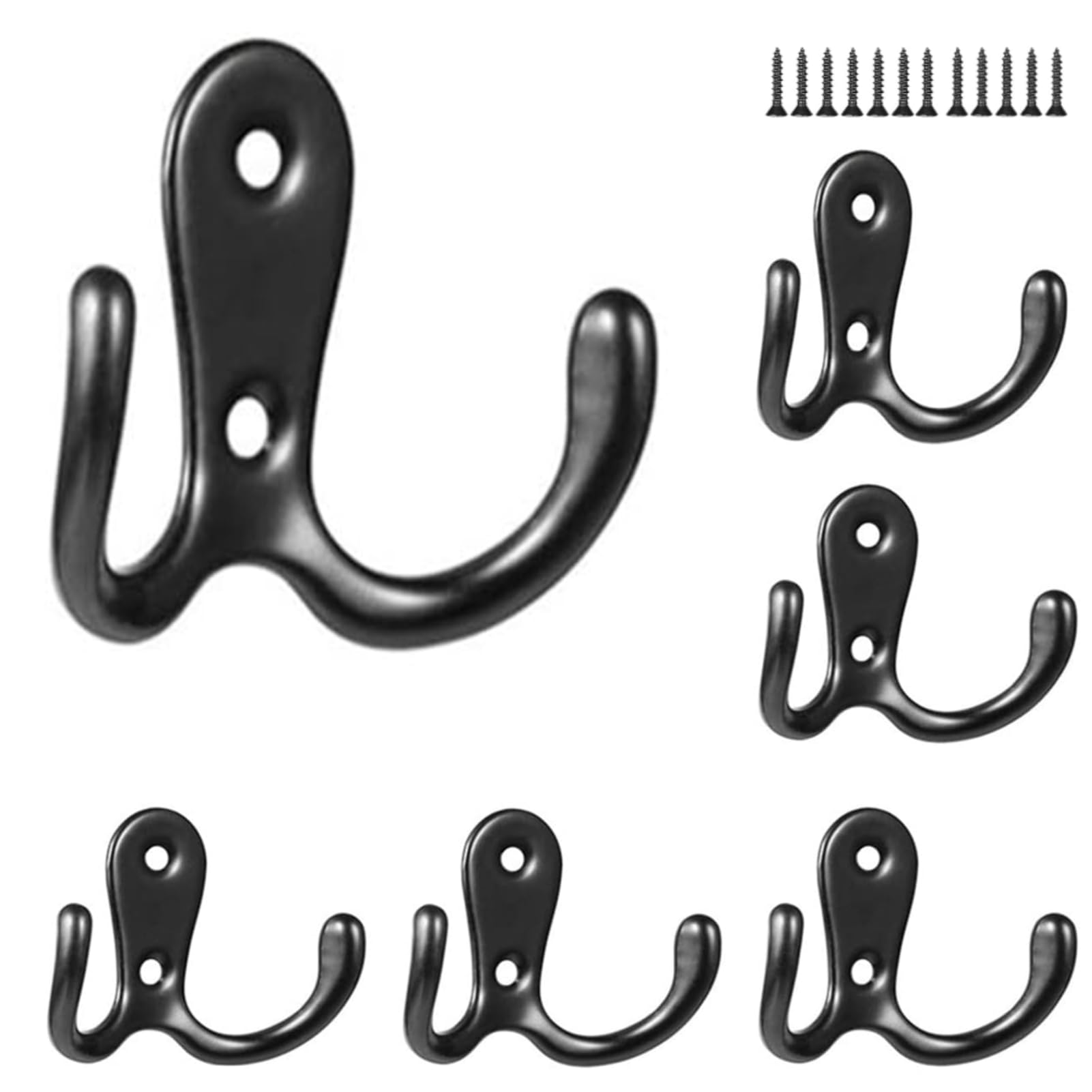 NBFBA 6 Pcs Double Hook Wall Mounted Coat Rack with 12 Screws, Metal Retro Hook for Bathroom Bedrooms Kitchen - Black
