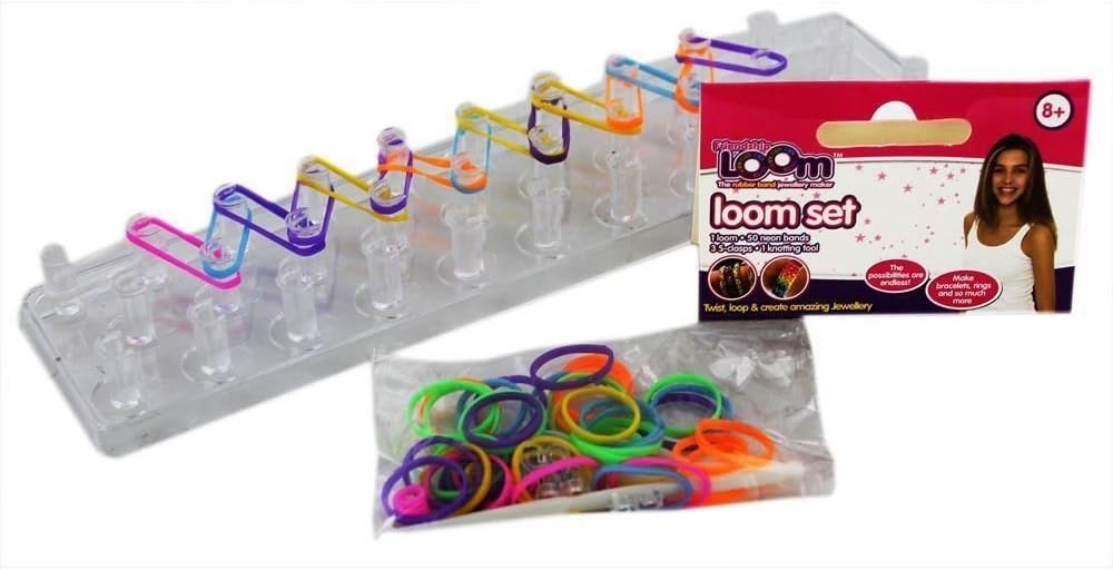 PMS CLEAR PLASTIC FRIENDSHIP LOOM W/50 NEON BANDS+HOOK+TOOL