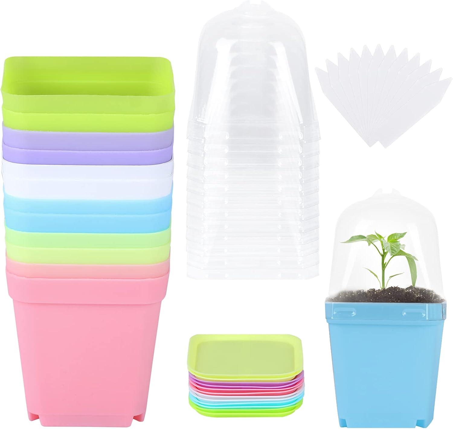 Elcoho 12 Pack Plant Nursery Pots with Humidity Dome 4 Inch Square Flower Pot Soft Gardening Pot Plastic Planting Container Starter Seed Starting Trays with 12 Pieces Plant Labels (Multicolors)