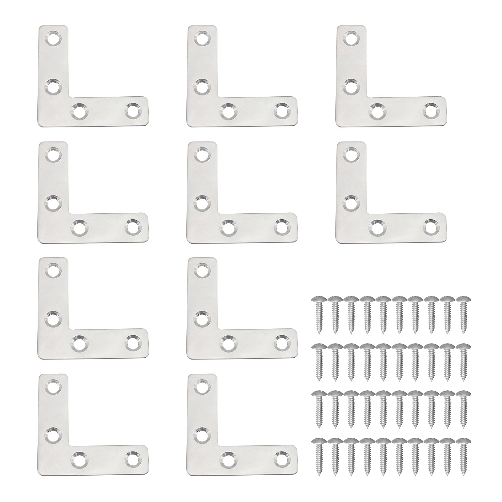 Yetaha 10pcs L Shaped Corner Brackets Stainless Steel Right Angle Flat Corner Connector with Screws 50MM*50MM 90°Metal L-Shaped Flat Bracket for Bookshelves cabinets Chairs Windows Furniture Sliver