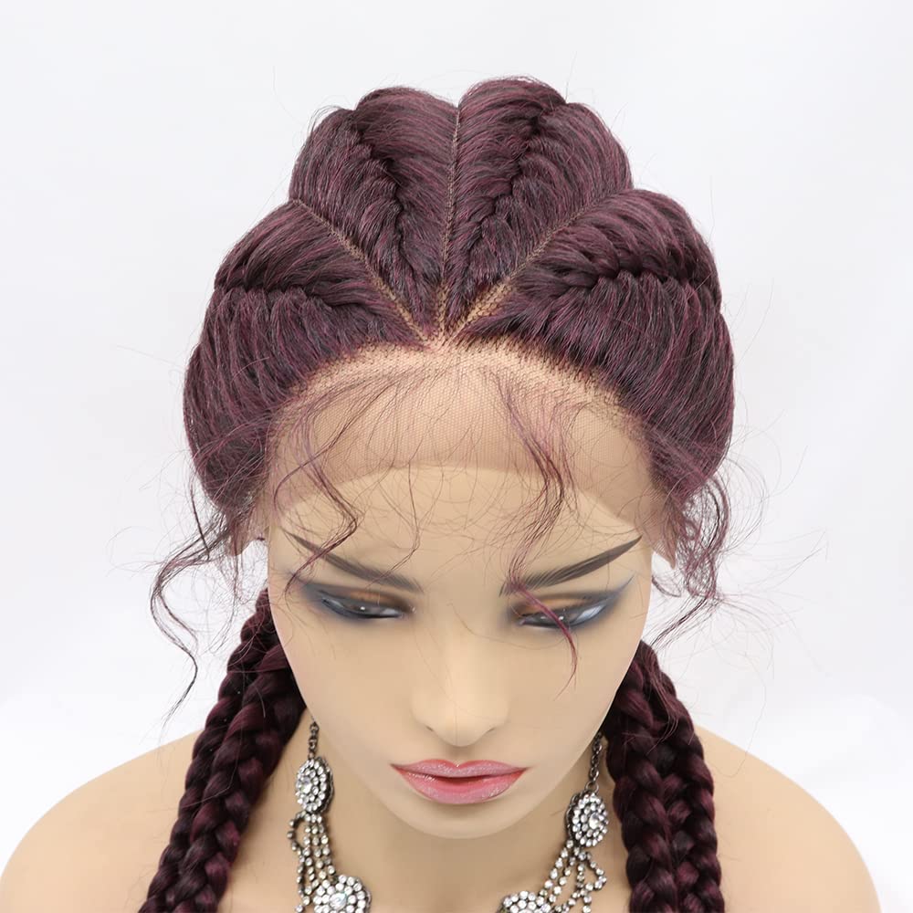 xiweiya Mixed Wine Red 100% Hand Braided Wig With Baby hairs 99J Burgundy Ombre Twist Braids 360 Swiss Lace Front Wig Cooper Red Cornrow Wig Super Long Double Braiding Wigs 34inch โ image 1
