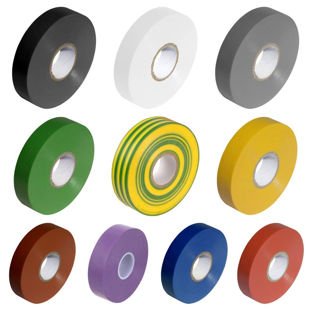 10 Colours PVC Electrical Insulation Tape Roll - 33m x 19mm (Black, Blue, Brown, Green, Green/Yellow, Grey, Red, Violet, White and Yellow)